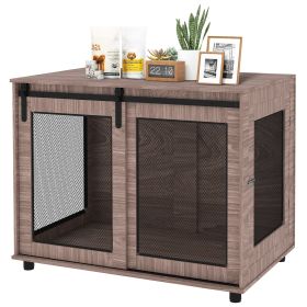 39" Dog Crate Furniture, Dog Kennel Furniture End Table with Sliding Barn Door for Large Dogs, Walnut Brown