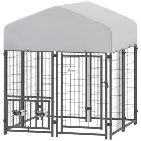 Welded Wire Outdoor Dog Kennel with 360° Rotating & 4 Levels Adjustable Bowls, Waterproof Cover, 3.9' x 3.9' x 4.5'