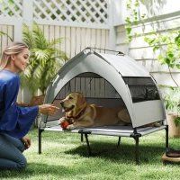 PawHut Elevated Dog Bed With Removable Canopy, Portable Outside Raised Pet Cot With Cooling Pad, Storage Bag,