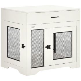Dog Crate Furniture with Soft Water-Resistant Cushion, Dog Kennel End Table with Drawer, Puppy Crate for Small Dogs Indoor with 2 Doors, White