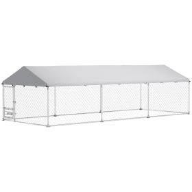 Outdoor Dog Kennel with Adjustable & Rotatable Bowl Rack, Waterproof Cover, Secure Lock, 19.7' x 7.5' x 5.2'
