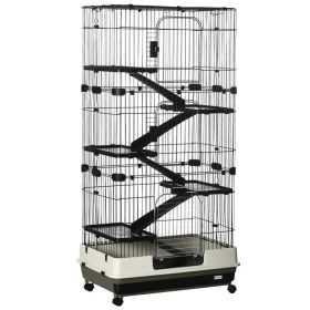 32"L 6-Level Small Animal Cage Rabbit Hutch with Universal Lockable Wheels, Slide-out Tray for Bunny, Chinchillas, Ferret, Black