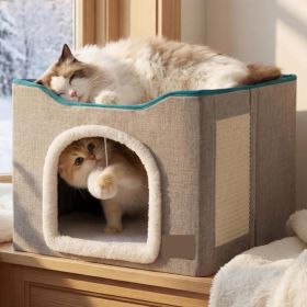 Cat House Bed For Indoor Cats With Fluffy Ball And Scratch Pad,Grey 16.5x16.5x13 In,Large Cat Cave For Multiple Pets,Foldable Cat Hideway Cube (Option: Grey)