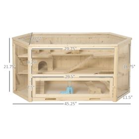 Wooden Large Hamster Cage Small Animal Exercise Play House 3 Tier With Tray, Seesaws, Water Bottle, Activity Center, Natural (Option: Natural)